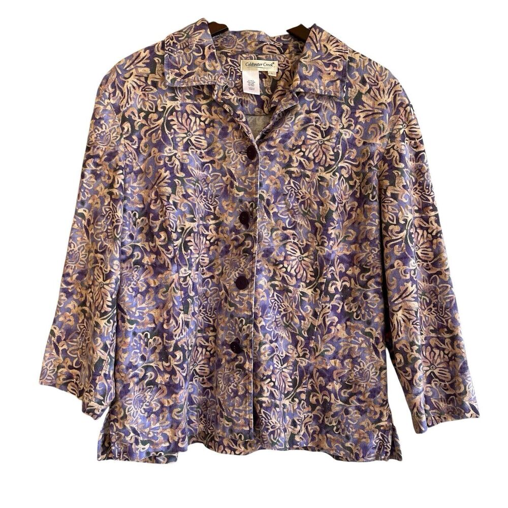 Coldwater Creek Linen Blend Blazer Jacket Size L Purple Tan Whimsical Artsy